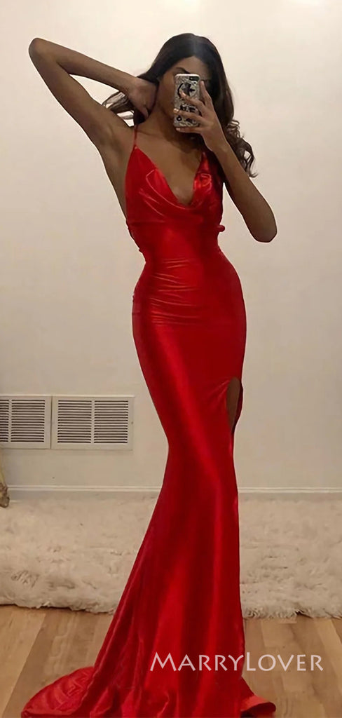 Red Satin Mermaid Spaghetti Straps Long Evening Prom Dresses, Side Slit Cheap Prom Dress, MR8864