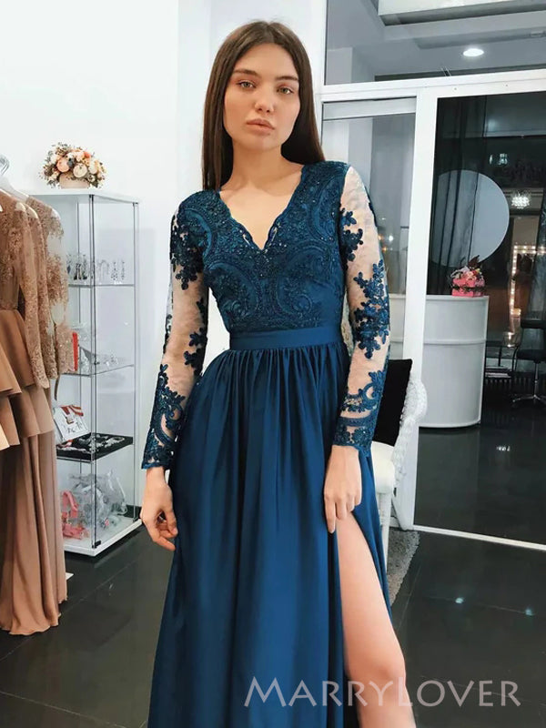 Long Sleeves Appliques A-line Long Evening Prom Dresses, V-neck Cheap Prom Dress, MR8865