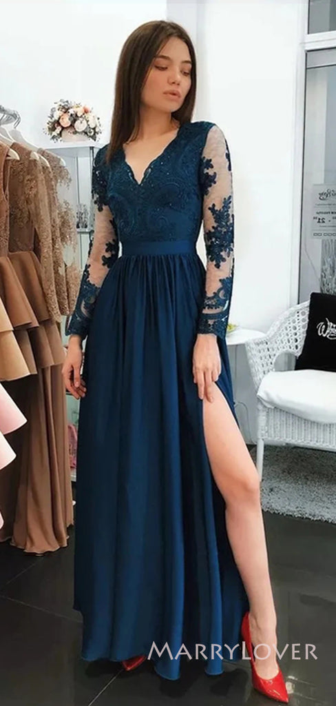 Long Sleeves Appliques A-line Long Evening Prom Dresses, V-neck Cheap Prom Dress, MR8865