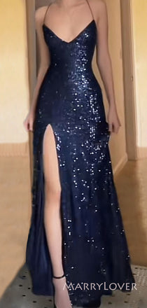 Navy Blue Sequins Spaghetti Straps V-neck Long Evening Prom Dresses, Mermaid Custom Prom Dress, MR8871