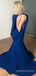 Deep V-neck Mermaid Long Sleeves Blue Long Evening Prom Dresses, Backless Custom Prom Dress, MR8874