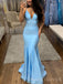 Blue Satin Mermaid Spaghetti Straps  V-neck Long Evening Prom Dresses, MR8875