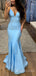 Blue Satin Mermaid Spaghetti Straps  V-neck Long Evening Prom Dresses, MR8875