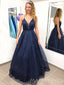 Navy Blue Tulle Sparkly V-neck Long Evening Prom Dresses, A-line Prom Dress, MR8877