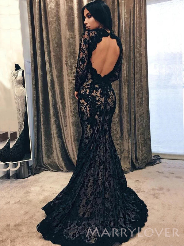 High-neck Black Lace Formal Mermaid Long Evening Prom Dresses, Long Sleeves Prom Dress, MR8879