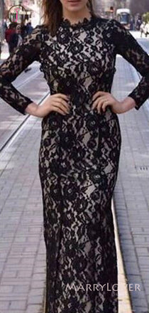 High-neck Black Lace Formal Mermaid Long Evening Prom Dresses, Long Sleeves Prom Dress, MR8879