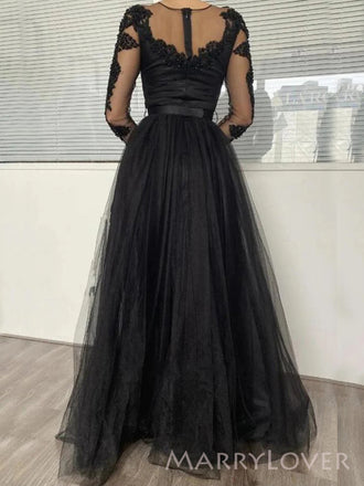 Black Tulle A-line Long Evening Prom Dresses, Long Sleeves Prom Dress, MR8880
