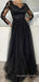 Black Tulle A-line Long Evening Prom Dresses, Long Sleeves Prom Dress, MR8880