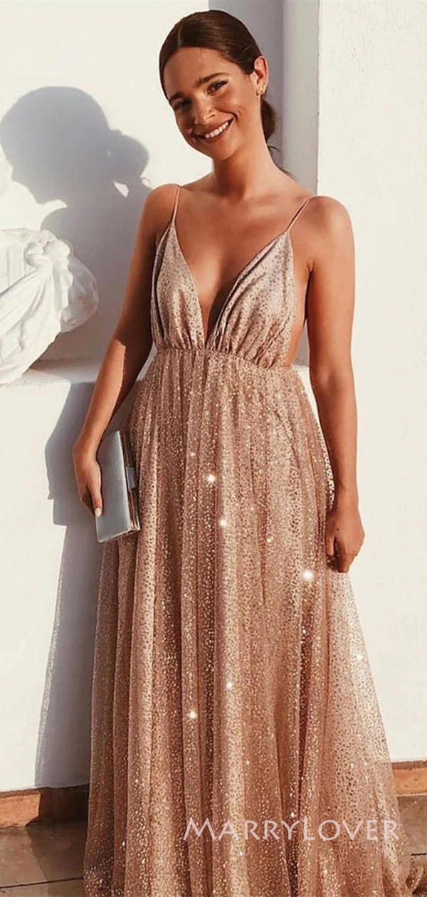 V-neck Sparkly A-line Long Evening Prom Dresses, Spaghetti Straps Prom MarryLover V-neck Sparkly A-line Long Evening Prom Dresses, Spaghetti Straps Prom MarryLover