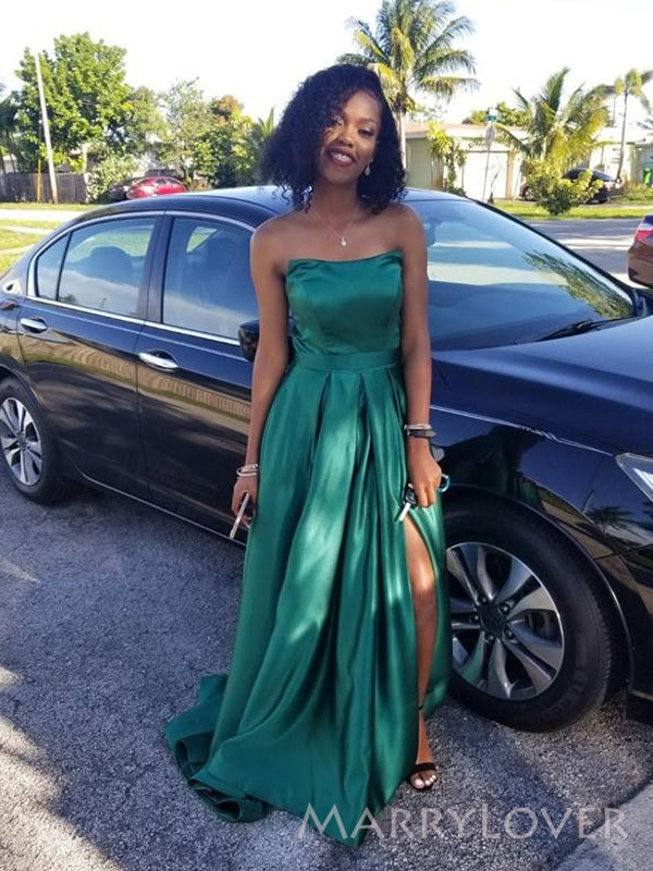 A-line Strapless Side Slit Long Evening Prom Dresses, Emerald Green Satin Prom Dress, MR8885 A-line Strapless Side Slit Long Evening Prom Dresses, Emerald Green Satin Prom Dress, MR8885