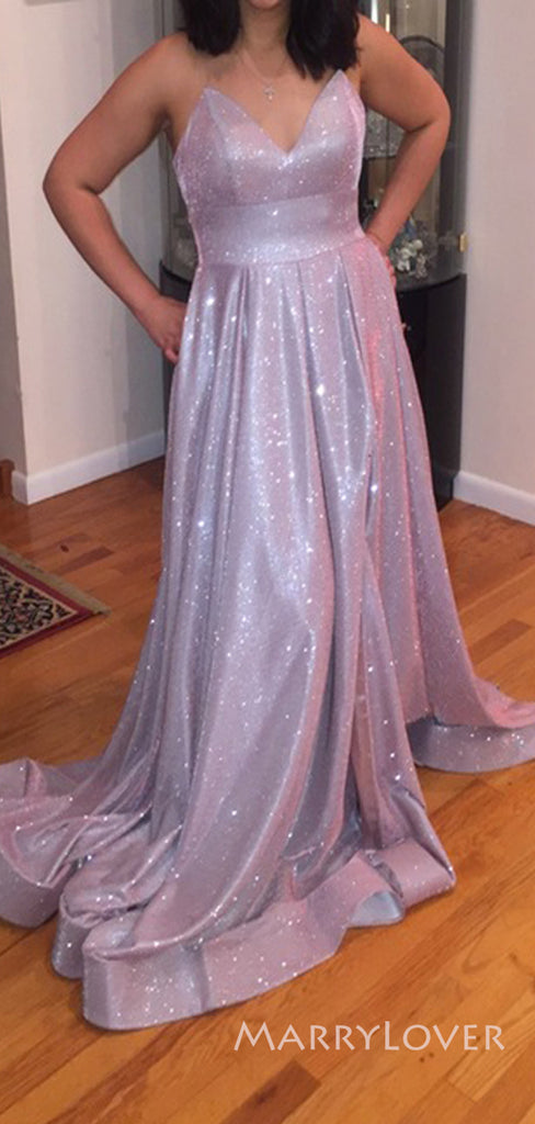 Sparkly Spaghetti Straps V-neck Long Evening Prom Dresses, A-line Prom Dress, MR8889