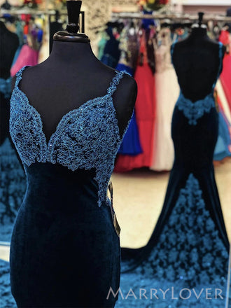 Navy Blue Velvet Mermaid V-neck Long Evening Prom Dresses, MR8890