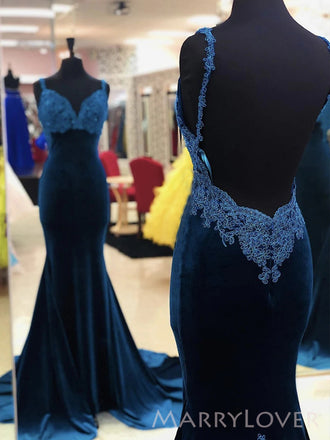 Navy Blue Velvet Mermaid V-neck Long Evening Prom Dresses, MR8890