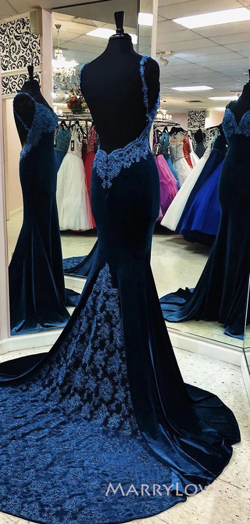 Navy Blue Velvet Mermaid V-neck Long Evening Prom Dresses, MR8890