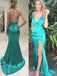 Deep V-neck Satin Mermaid Side Slit Long Evening Prom Dresses, Spaghetti Straps Prom Dress, MR8892