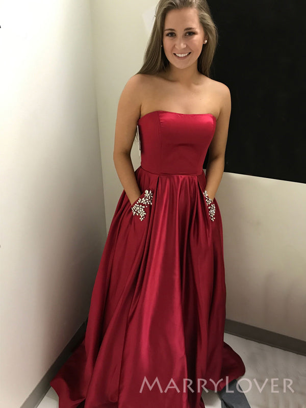 Strapless A-line Red Satin Beads Long Prom Dresses Strapless A-line Red Satin Beads Long Prom Dresses