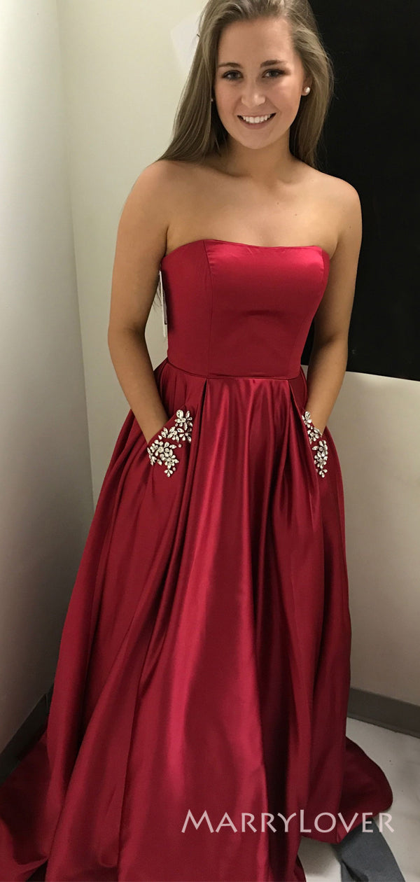 A-line Dark Red Satin Beaded Long Evening Prom Dresses, Strapless Prom MarryLover A-line Dark Red Satin Beaded Long Evening Prom Dresses, Strapless Prom MarryLover