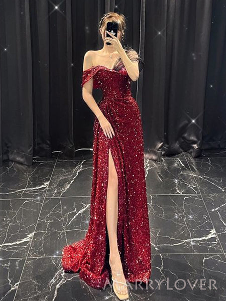 red glitter dress long Dark Sequins Side Slit Evening Prom Dresses, Sparkly Custom P – MarryLover True to size ecom_Material_Linen Color:Cherry/Nude Bridal Style: Carolyn Bessette