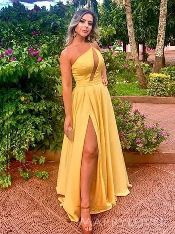 A-line Yellow Satin Side Slit Long Evening Prom Dresses, One Shoulder Prom Dress, MR8901