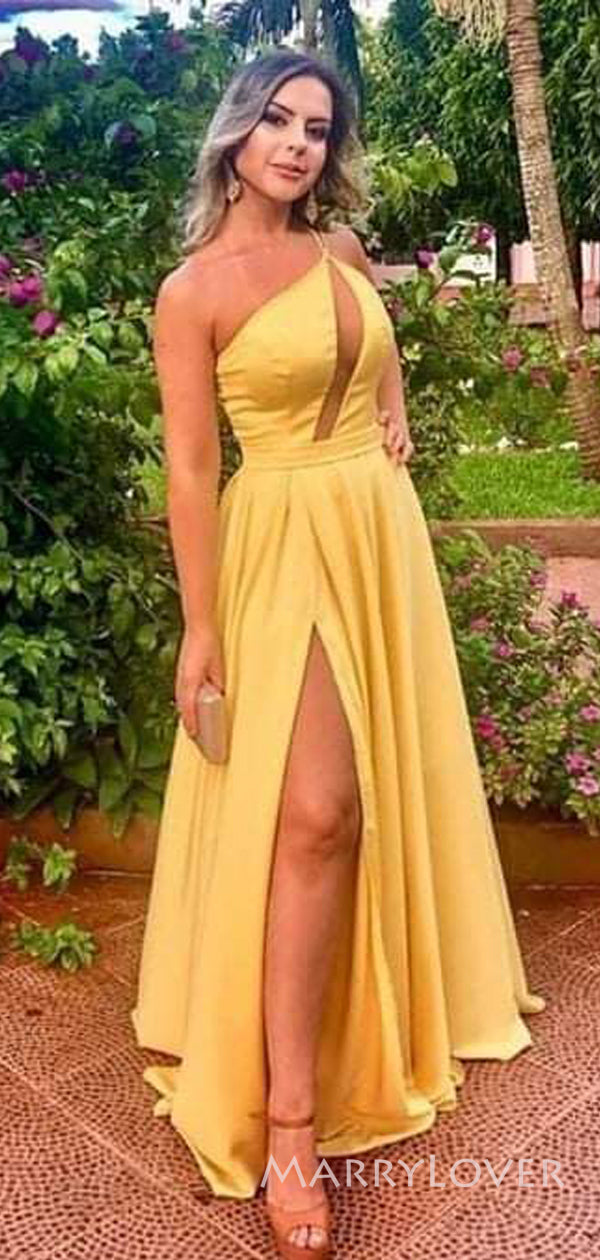 A-line Yellow Satin Side Slit Long Evening Prom Dresses, One Shoulder MarryLover A-line Yellow Satin Side Slit Long Evening Prom Dresses, One Shoulder MarryLover