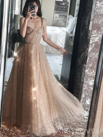 A-line Tulle Sweetheart Straps Long Evening Prom Dresses, Sparkly Prom Dress, MR8904