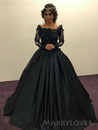 Long Sleeves Black Satin Appliques A-line Long Evening Prom Dresses, Off Shoulder Prom Dress, MR8907