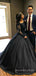 Long Sleeves Black Satin Appliques A-line Long Evening Prom Dresses, Off Shoulder Prom Dress, MR8907