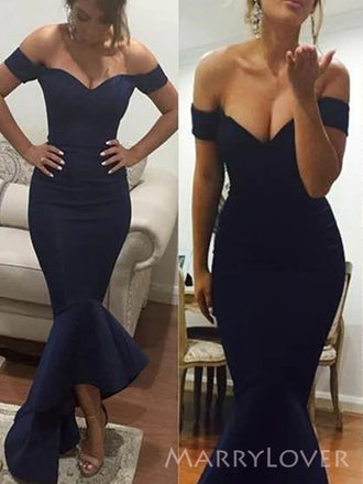 Mermaid Navy Blue Off Shoulder Long Evening Prom Dresses, Sweetheart Custom Prom Dress, MR8911