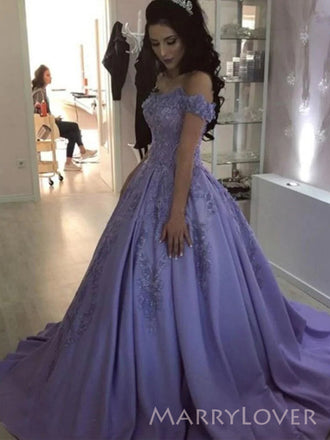 Off Shoulder Lilac Satin Appliques Long Evening Prom Dresses, A-line Prom Dress, MR8912