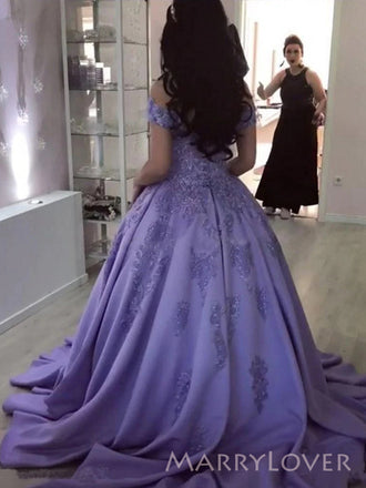 Off Shoulder Lilac Satin Appliques Long Evening Prom Dresses, A-line Prom Dress, MR8912