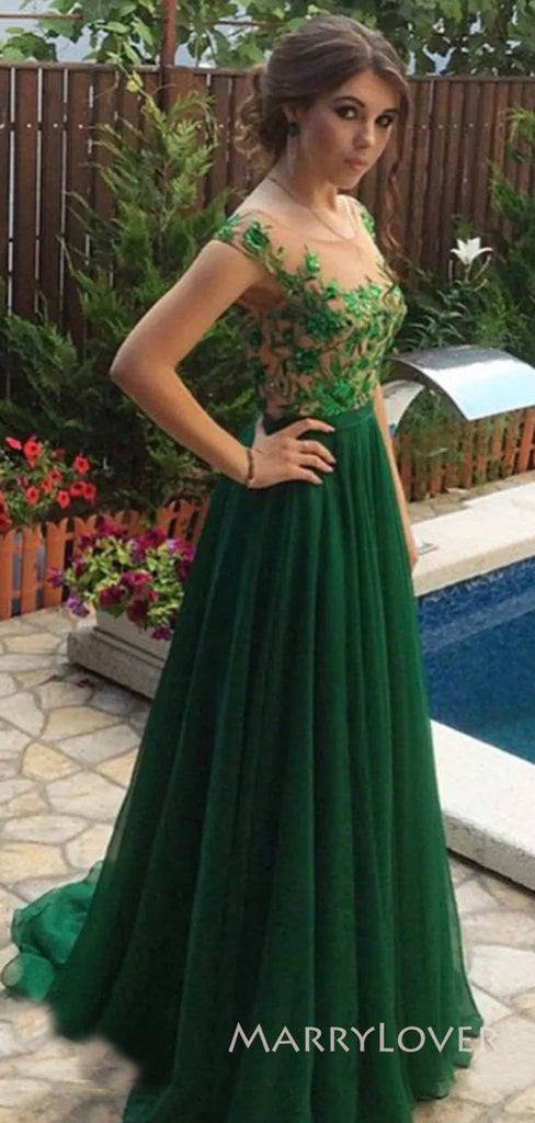 Emerald Green Tulle Appliques A-line Long Evening Prom Dresses, Cheap Custom Prom Dress, MR8913
