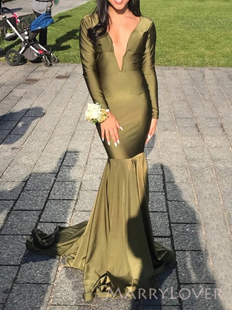Clover Satin Mermaid Lone Sleeves Long Evening Prom Dresses, Deep V-neck Custom Prom Dress, MR8917