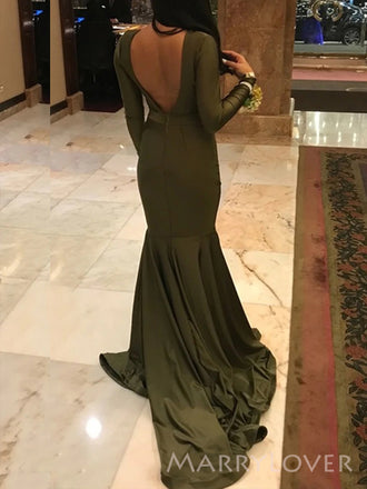 Clover Satin Mermaid Lone Sleeves Long Evening Prom Dresses, Deep V-neck Custom Prom Dress, MR8917