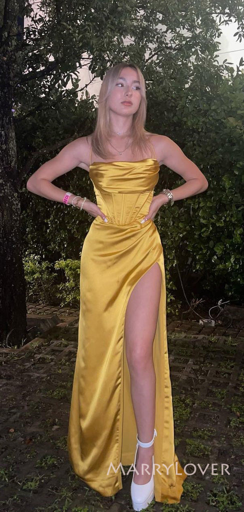 Gold Satin Side Slit Spaghetti Straps Long Evening Prom Dresses, Mermaid Prom Dress, MR8919