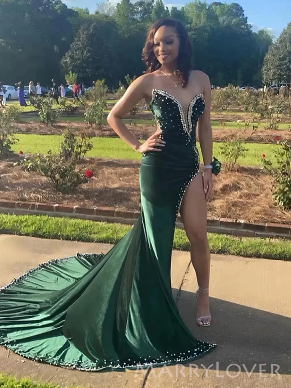 Gorgeous Green Velvet Beaded High Slit Long Evening Prom Dresses, Merm MarryLover Gorgeous Green Velvet Beaded High Slit Long Evening Prom Dresses, Merm MarryLover
