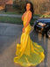 Mermaid Gold Satin V-neck Long Evening Prom Dresses, Halter Custom Prom Dress, MR8921