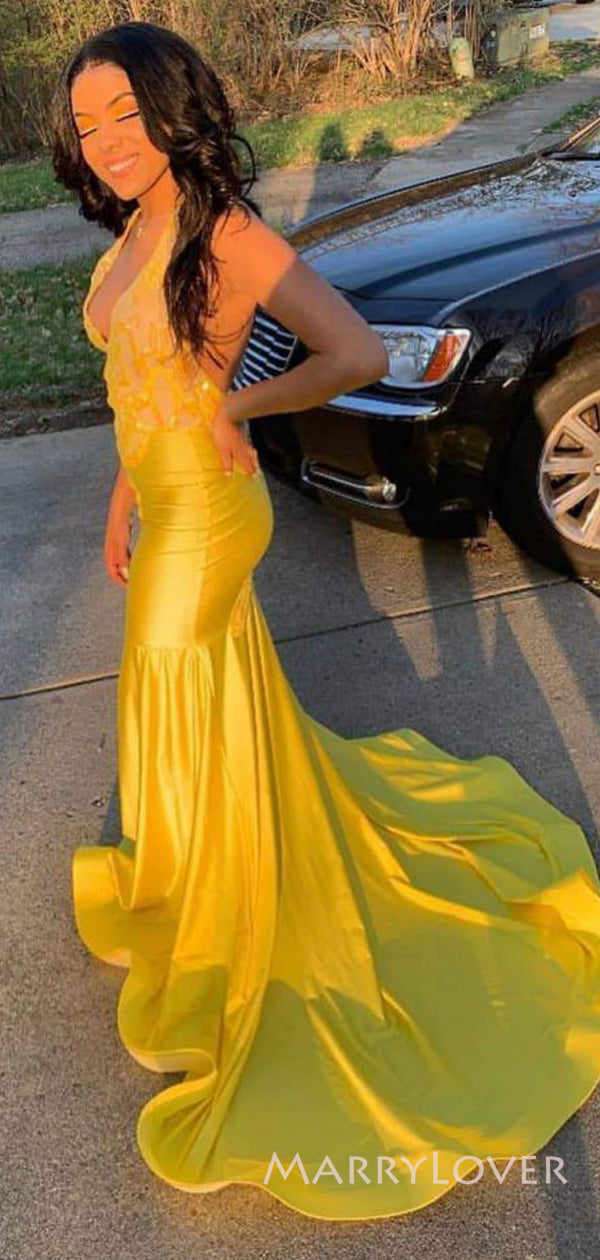 Mermaid Gold Satin V-neck Long Evening Prom Dresses, Halter Custom Pro MarryLover Mermaid Gold Satin V-neck Long Evening Prom Dresses, Halter Custom Pro MarryLover