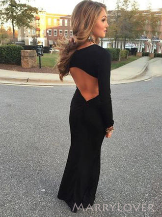 Backless Mermaid Black Long Evening Prom Dresses, Long Sleeves Prom Dress, MR8923