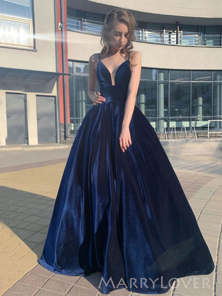 A-line Navy Blue Velvet Long Evening Prom Dresses, Spaghetti Straps V- MarryLover A-line Navy Blue Velvet Long Evening Prom Dresses, Spaghetti Straps V- MarryLover