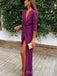 Long Sleeves Purple V-neck Long Evening Prom Dresses, Side Slit Custom Prom Dress, MR8931