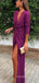 Long Sleeves Purple V-neck Long Evening Prom Dresses, Side Slit Custom Prom Dress, MR8931