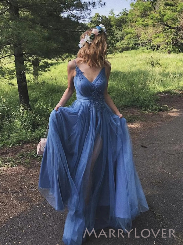 A-line Blue Tulle Spaghetti Straps Long Evening Prom Dresses, Side Slit Prom Dress, MR8932