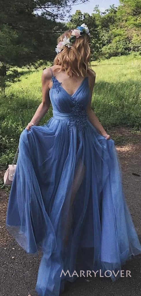 A-line Blue Tulle Spaghetti Straps Long Evening Prom Dresses, Side Slit Prom Dress, MR8932