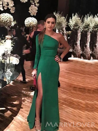 Long Sleeves Mermaid Side Slit Long Evening Prom Dresses, Emerald Green Satin Prom Dress, MR8933
