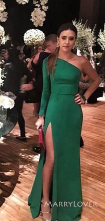 Long Sleeves Mermaid Side Slit Long Evening Prom Dresses, Emerald Green Satin Prom Dress, MR8933