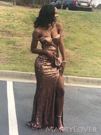Mermaid Sequins Sweetheart Long Evening Prom Dresses, Off Shoulder Side Slit Prom Dress, MR8941