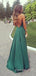 Sexy Dark Green Satin Spaghetti Straps Long Evening Prom Dresses, V-neck Prom Dress, MR8944