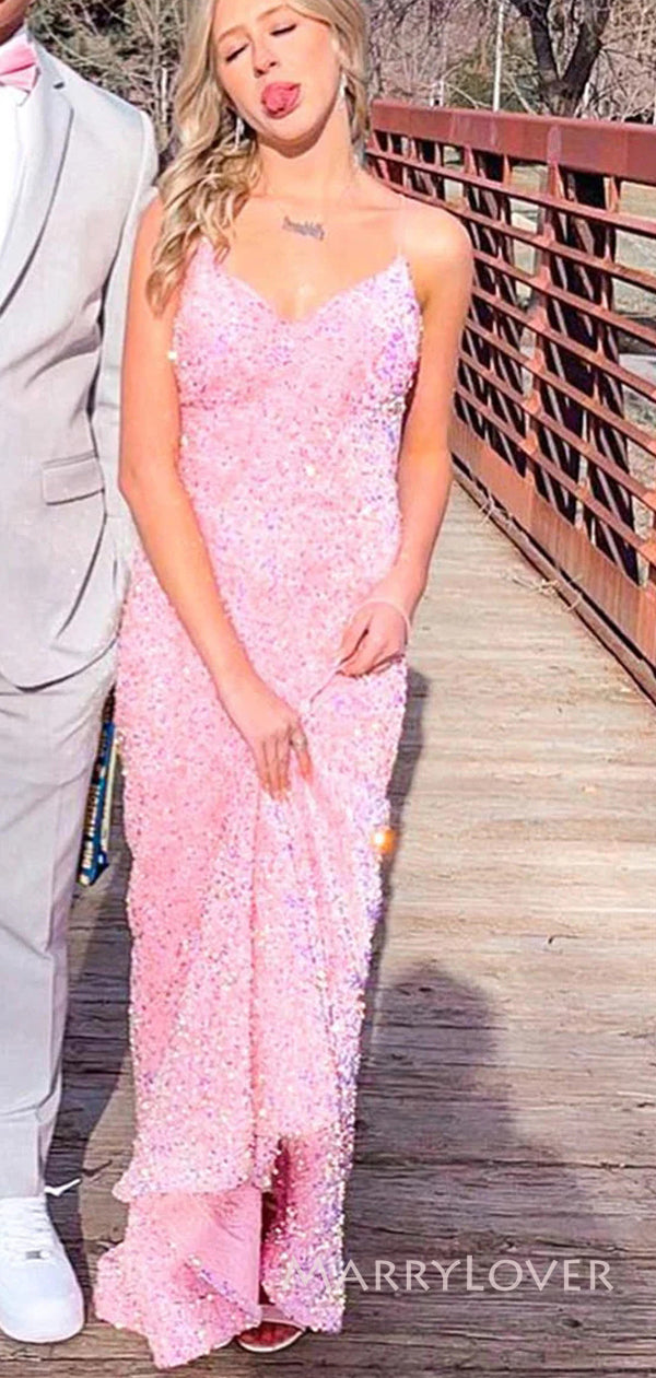 Pink Sequins Mermaid Spaghetti Straps Long Evening Prom Dresses, V-nec MarryLover Pink Sequins Mermaid Spaghetti Straps Long Evening Prom Dresses, V-nec MarryLover