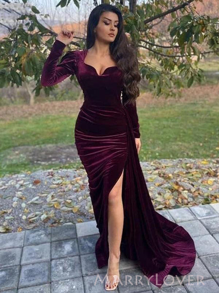 red velvet mermaid dress Classy Long Mermaid Appliques Lace Velvet Prom Dress With Slit  BIZTUNNEL