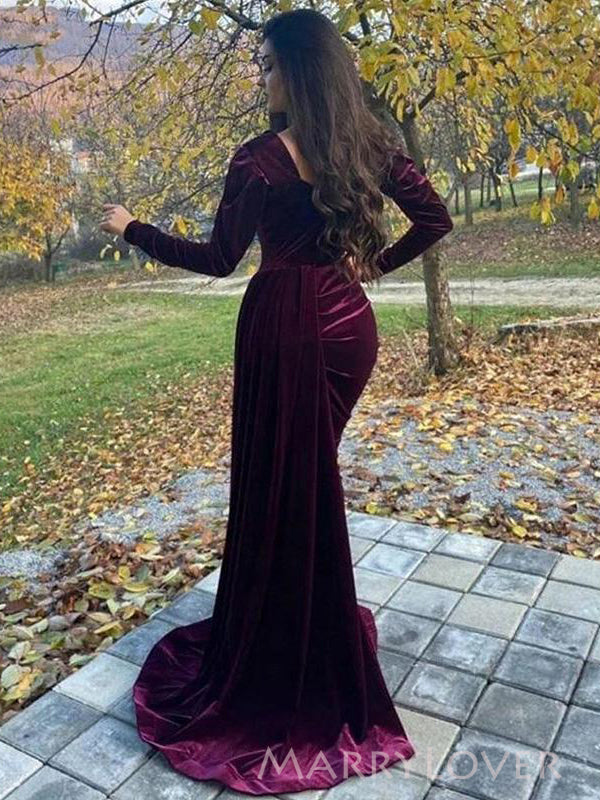 Mermaid Velvet Long Sleeves Long Evening Prom Dresses, Side Slit Prom MarryLover Mermaid Velvet Long Sleeves Long Evening Prom Dresses, Side Slit Prom MarryLover